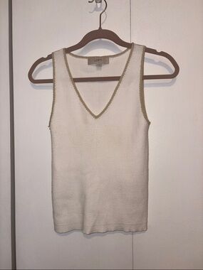 LOFT Cream V-Neck Sleeveless Knit Tank with Gold Trim